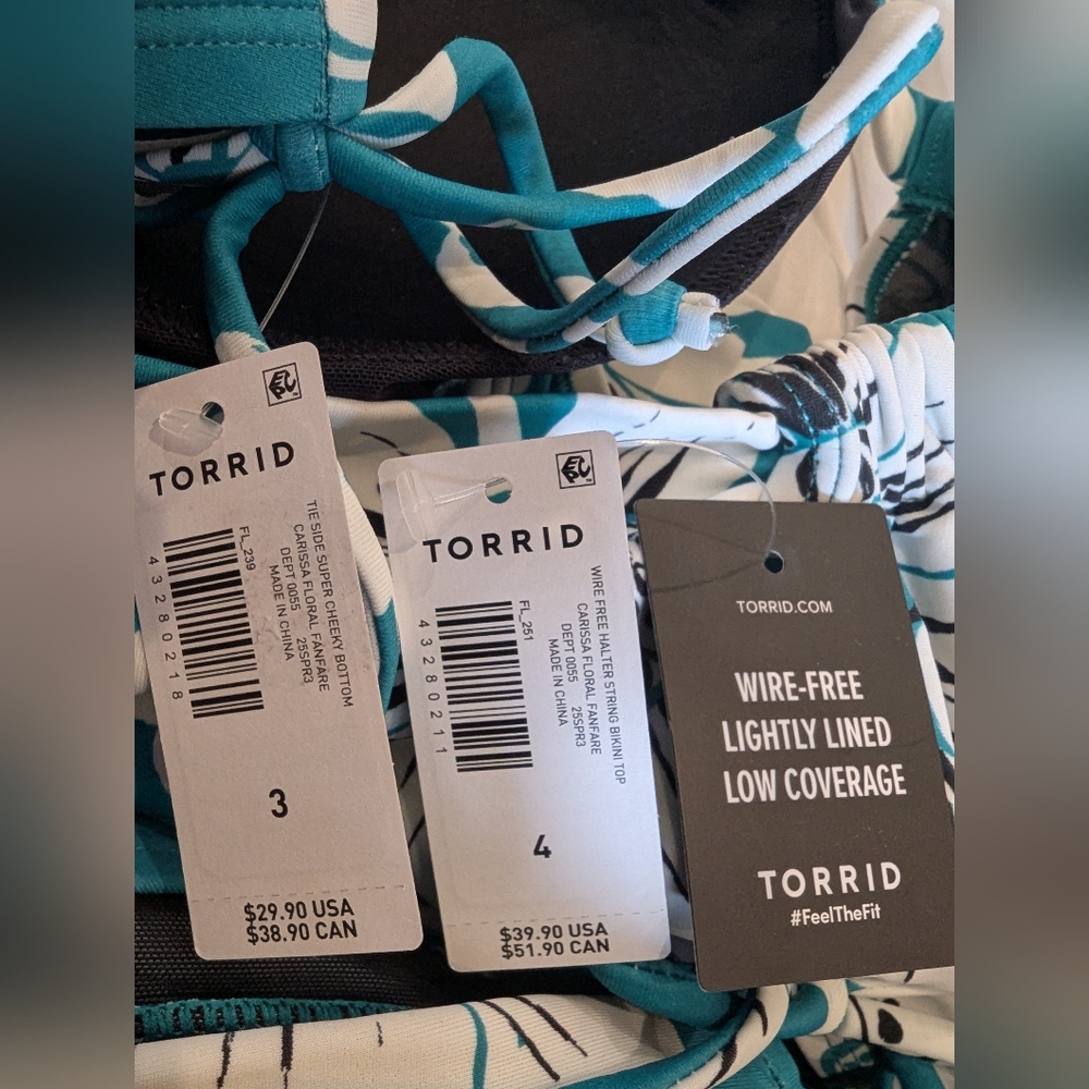 Torrid String Bikini Tie Side Cheeky Bottom 4x & Wire Free Halter 3x Floral Teal - Picture 6 of 15